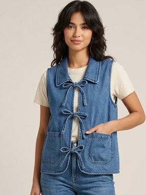 STOOSH Denim Tie-Front Vest M 19.5” p2p Blue Blast $50 Retail NWT